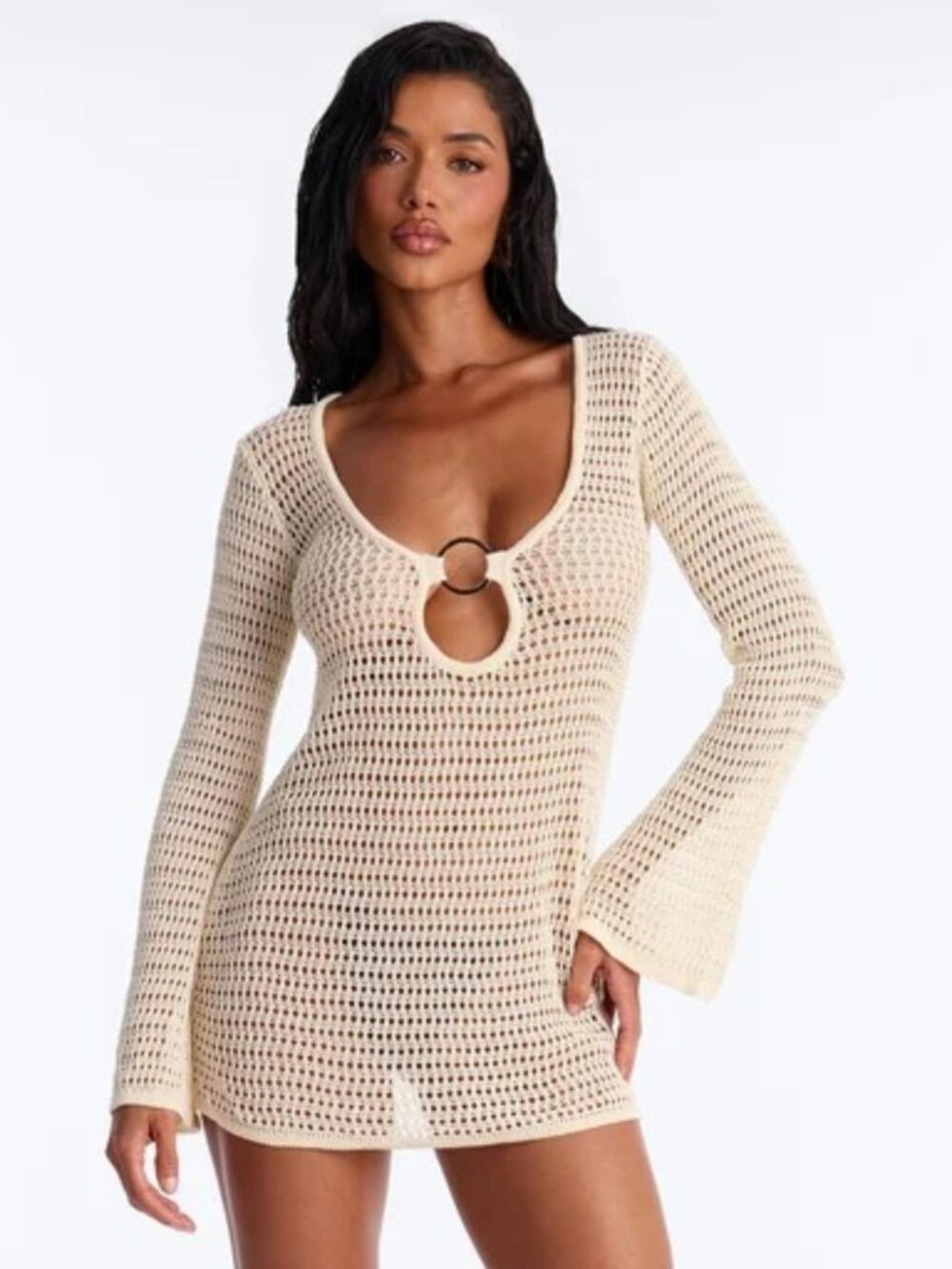 Fashion Nova Clare Cream Crochet Long Sleeve O-Ring Swim Cover Up Dress